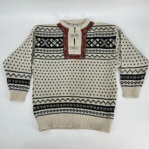 Norwegian Design Nordic Wool Sweater Unisex Small Black White Red Trim  READ